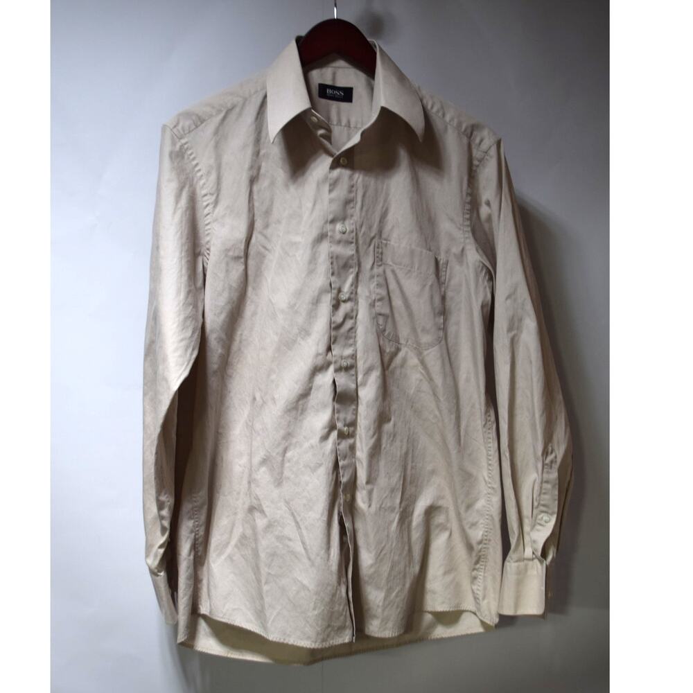 Hugo Boss Dress Shirt Mens Large Beige Button Down Long Sleeve 100% Cotton